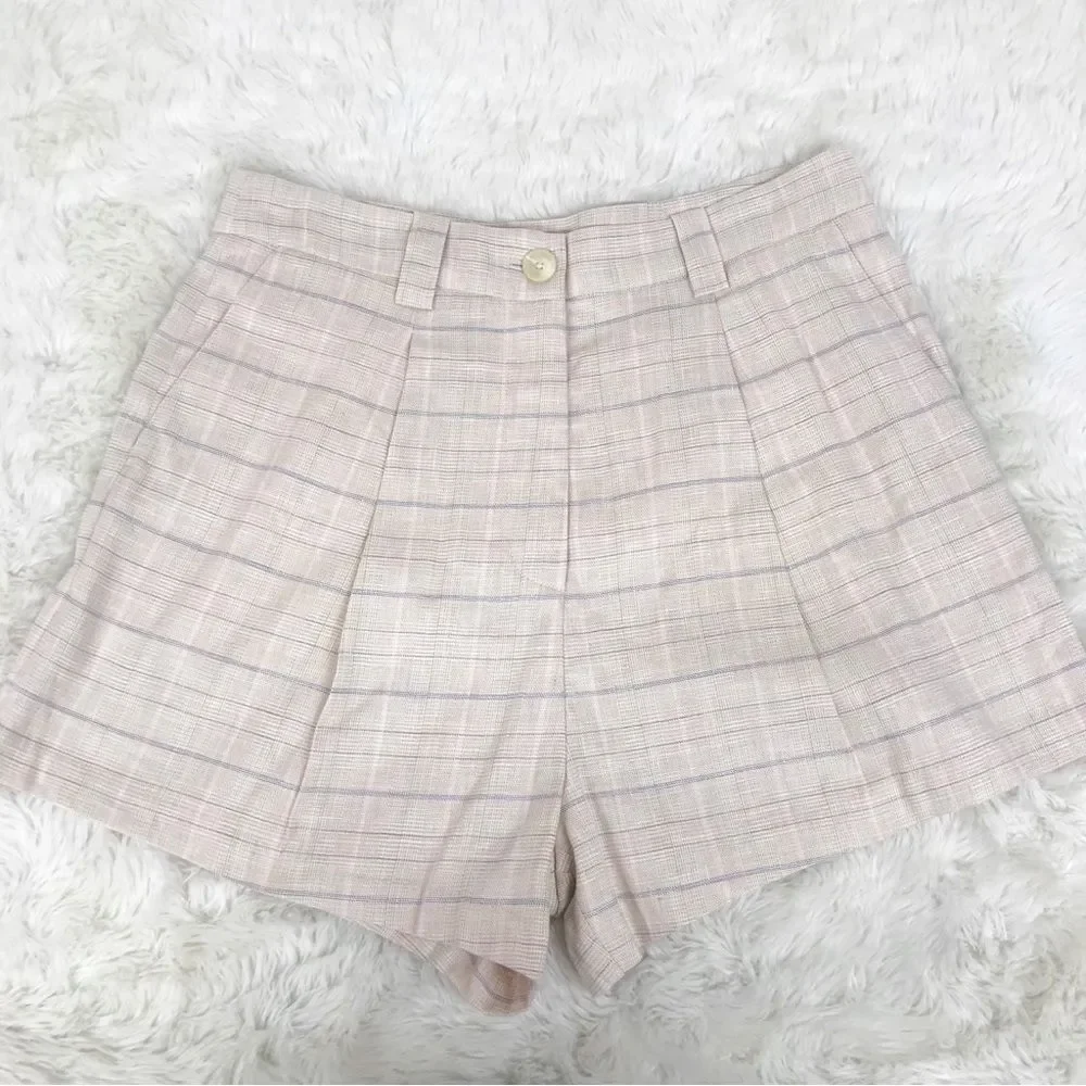 RAILS Ilena‎ Linen Trouser Shorts High Waist Sand Check Cream Plaid Size 12 New